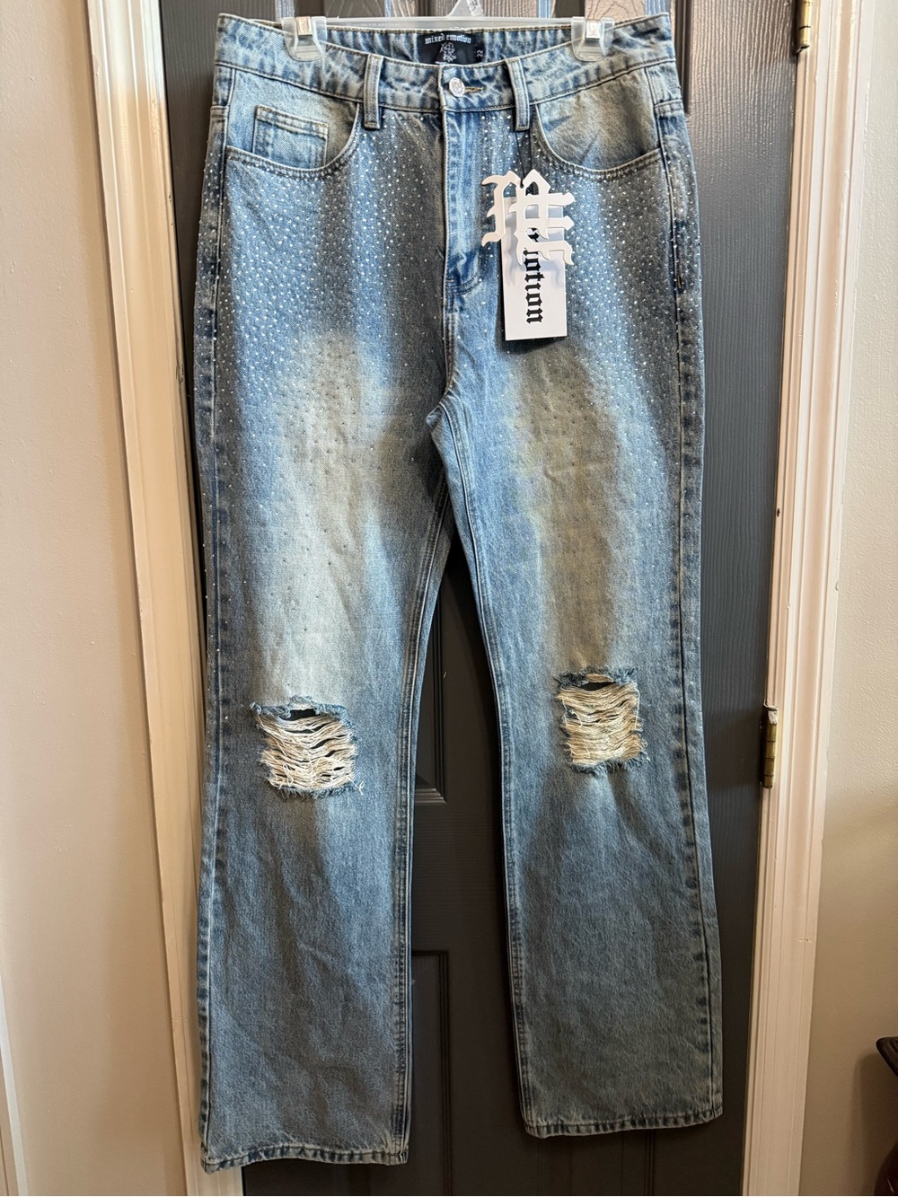 NWT Mixed Emotion Rhinestone Distressed Ripped Jeans Mens 32 Y2K